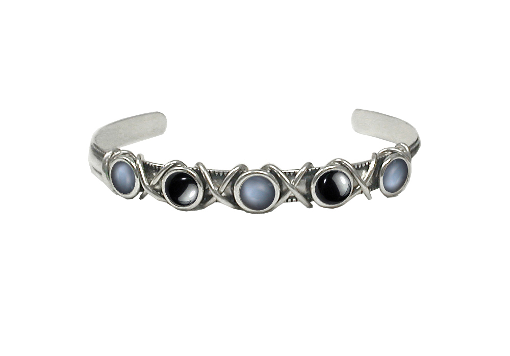 Sterling Silver Cuff Bracelet With Grey Moonstone And Hematite